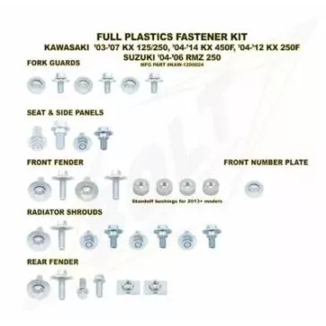 Kit visserie plastiques BOLT Kawasaki 125 & 250 KX 03-07 250 KXF 04-18 & 450 KXF 06-15