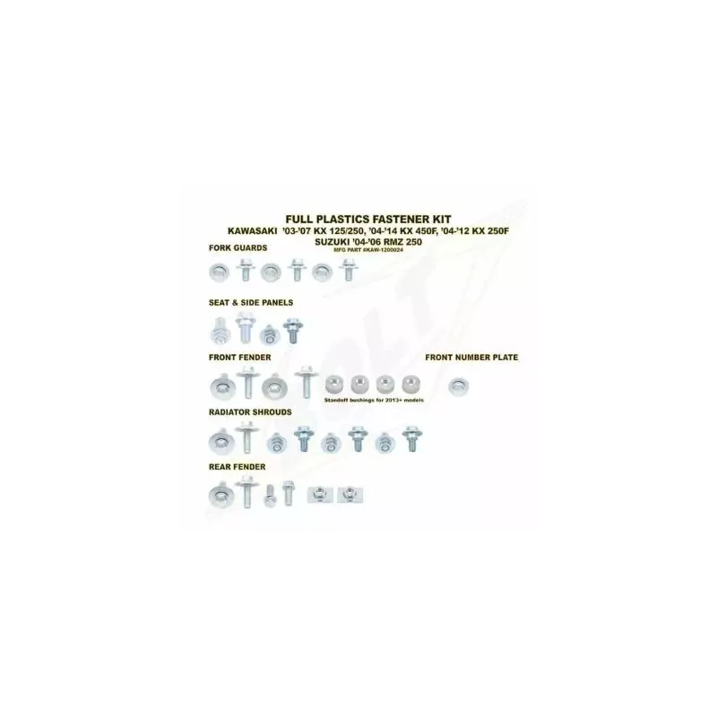 Kit visserie plastiques BOLT Kawasaki 125 & 250 KX 03-07 250 KXF 04-18 & 450 KXF 06-15