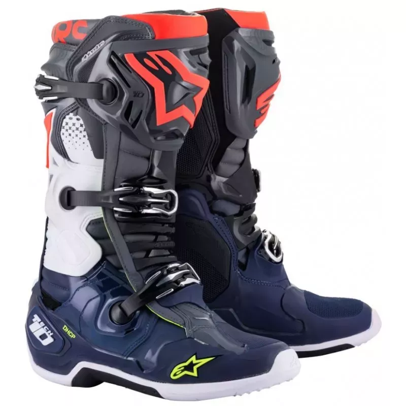 Bottes Alpinestars Tech 10 Gris foncé Bleu foncé Rouge Fluo