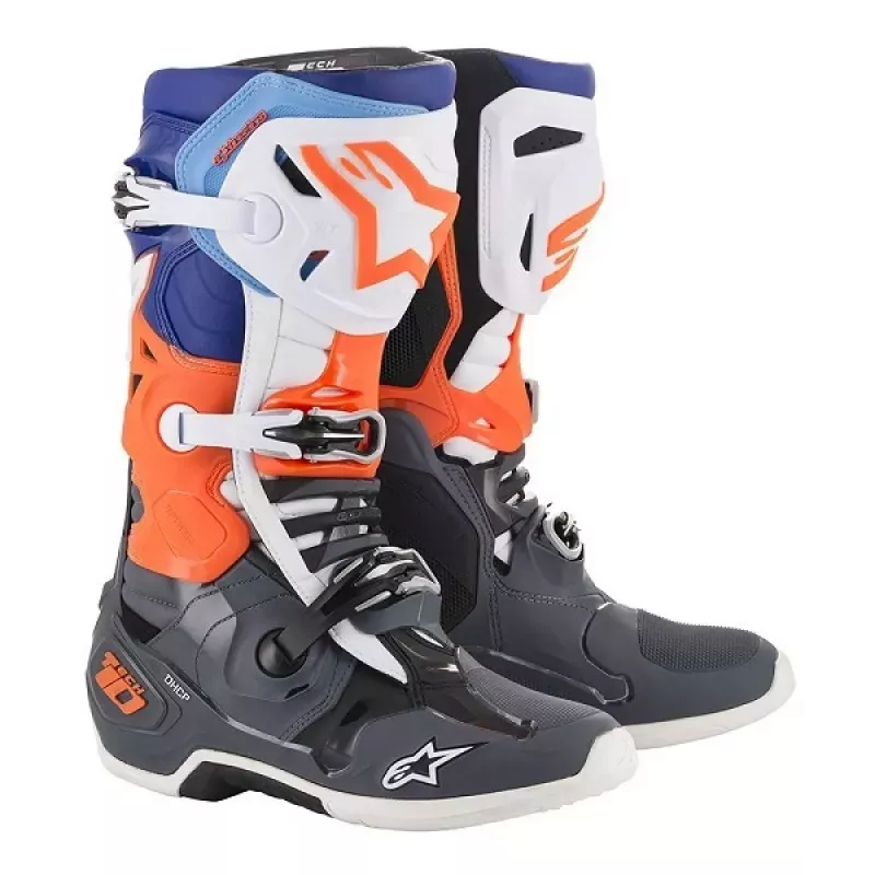 Bottes Alpinestars Tech 10 Gris Clair/ Orange Fluo/ Bleu/ Blanc