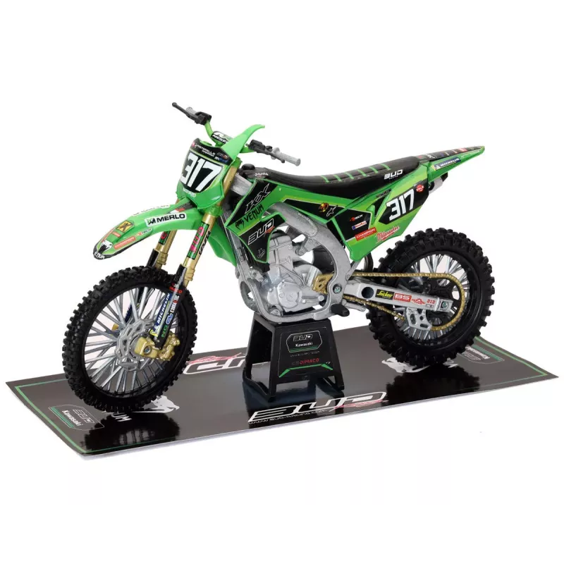 Moto miniature Kawasaki 450 KXF Bud Racing de M. Valin, au 1/12